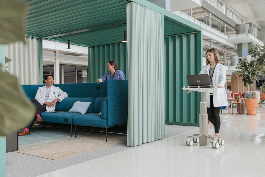 A healthcare environment with a private rest area for caregivers.